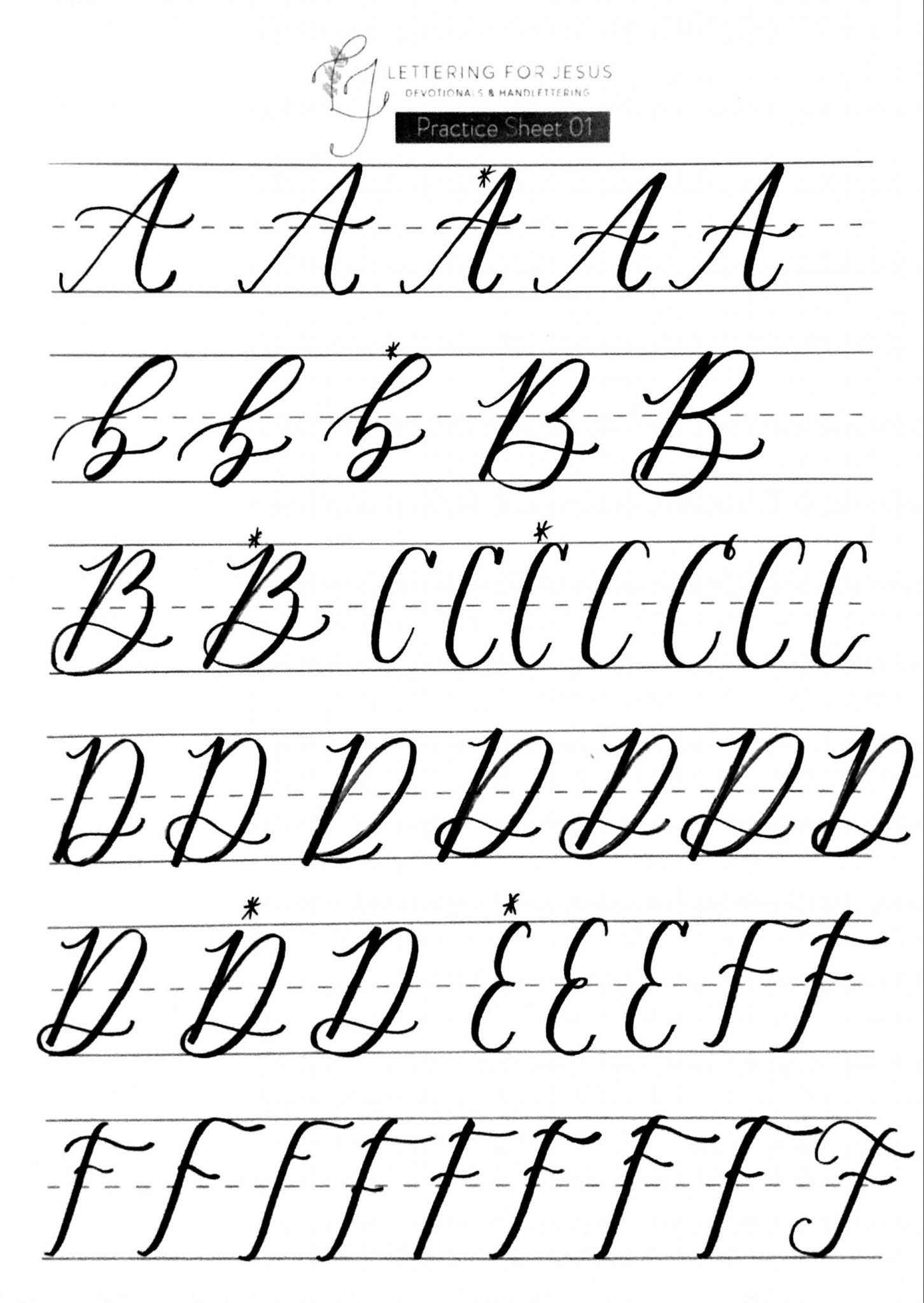 hand lettering practice sheets | letters A through F