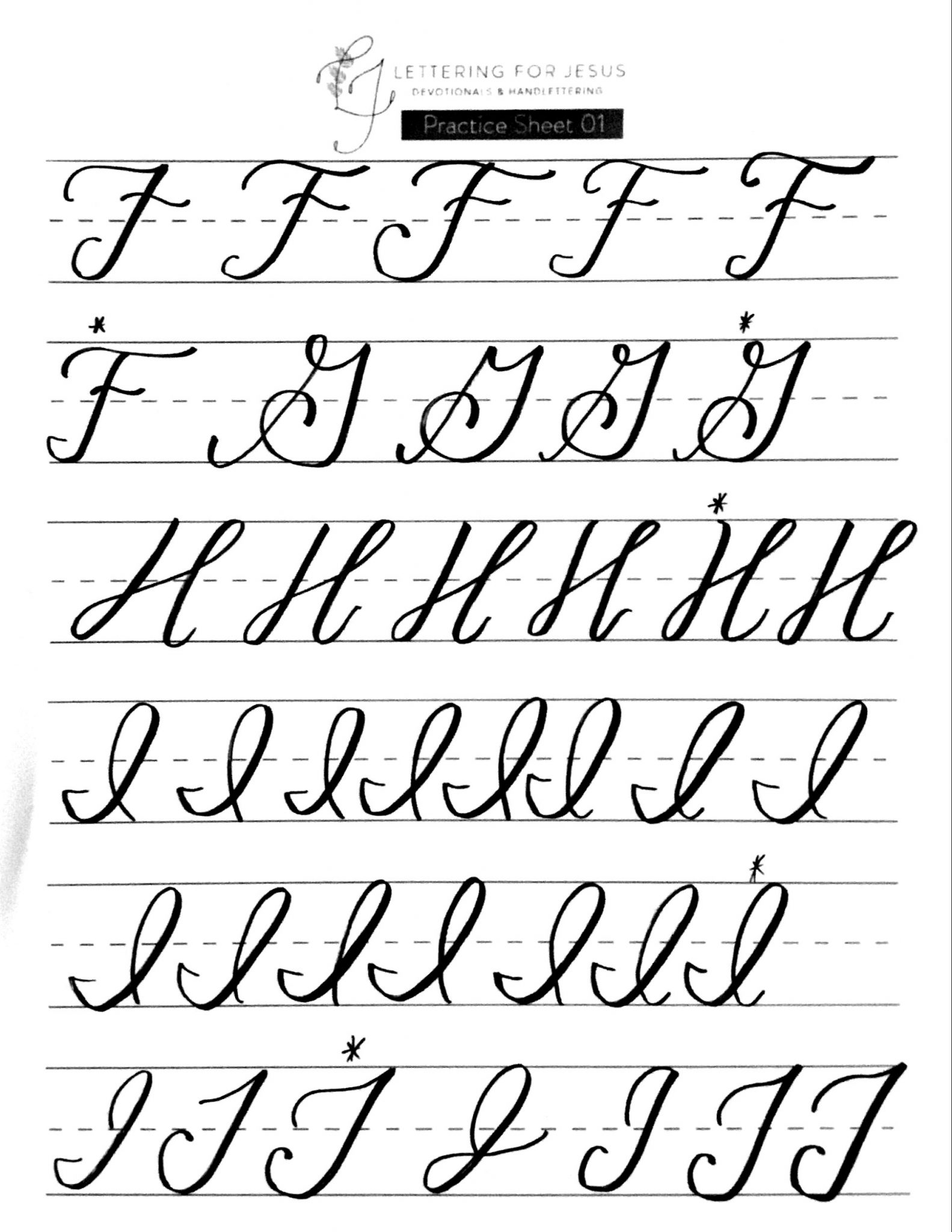 hand lettering practice sheets | letters F through J