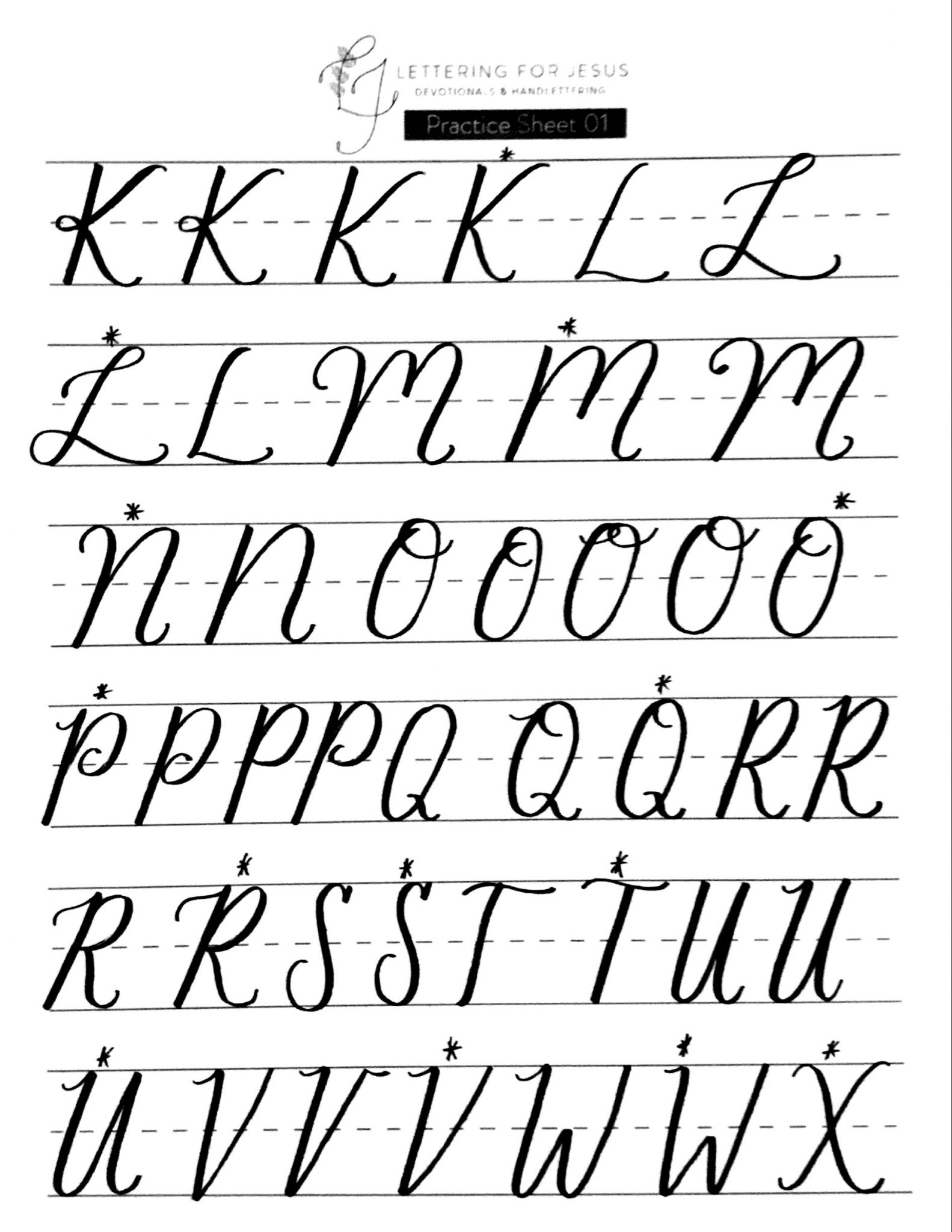 hand lettering practice sheets | letters K through X